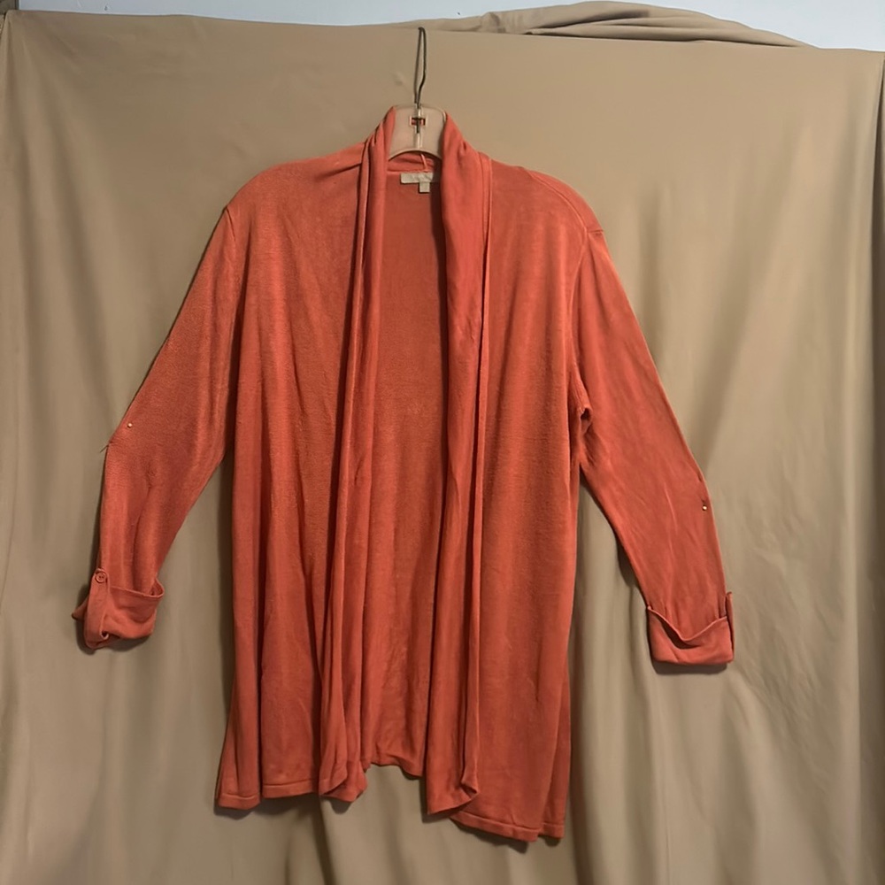 Classy Joan Vass Studio coral open cardigan with 3/4 sleeves size